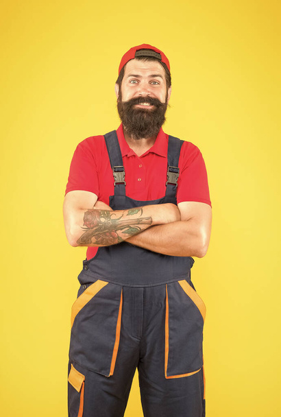 mature man worker with beard wear uniform, architect - Fotoğraf, Görsel