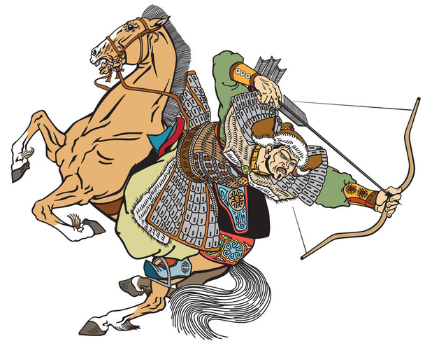 Guerrero arquero mongol en un caballo montando un caballo de caballo y disparando un arco y flecha. La época medieval de Genghis Khan. Antigua caballería de Asia Oriental. Ilustración vectorial aislada - Vector, imagen