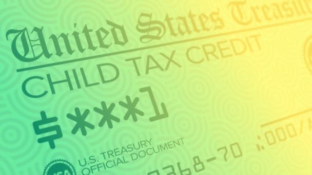 Una animación estilizada de fondo de un ficticio cheque de crédito de impuestos para niños de Estados Unidos. Cheques mensuales de estímulo de $300 fueron dados a familias estadounidenses con niños menores de 6 años.   - Imágenes, Vídeo