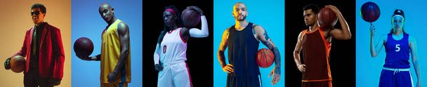 Collage of male and female basketball players, fit people isolated on blue background in neon light. - Zdjęcie, obraz