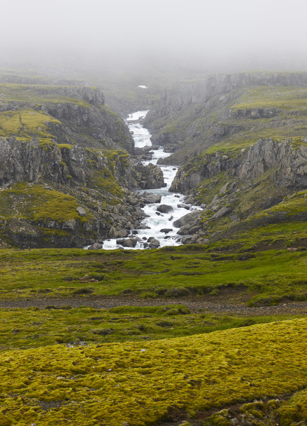 Iceland landscape in the east fiords. River and rocks with fog. - Foto, afbeelding