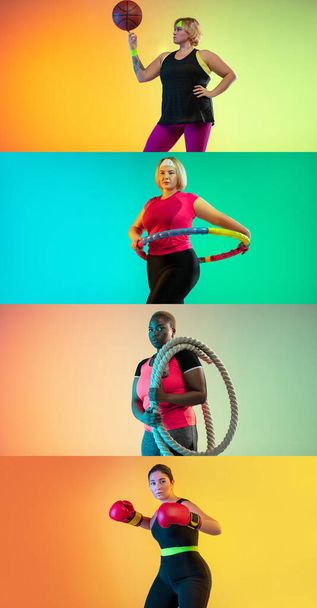 Collage of different photos of plus-size woman in action and motion isolated on green or yellow studio background. - Foto, Bild