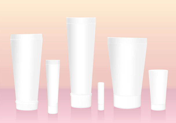 Cosmetic tubes collection. Blank, unlabeled, white template, containers, different variations and sizes, for creams, lotions, balms, shampoos, serums, exfoliates, makeup. Vector illustration. - Vector, Image