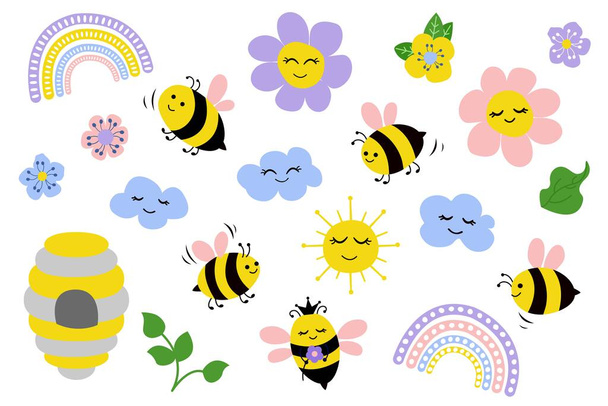 Carino set disegnato a mano di api, fiori, nuvole. Fondo bianco, isolate. Illustrazione vettoriale. Stile cartone animato. - Vettoriali, immagini