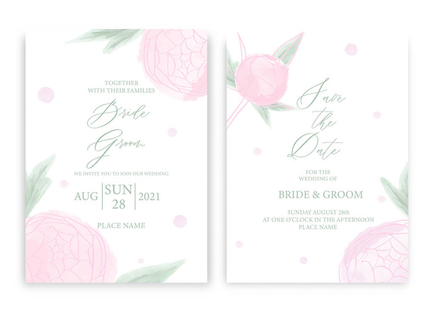 Diseño de la plantilla de tarjeta de invitación de boda floral, con peonía rosa acuarela y hojas verdes. Tema Pastel vintage. - Vector, imagen
