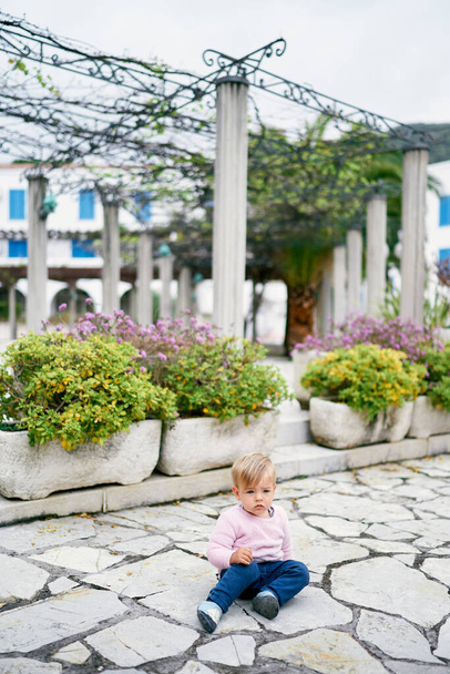 Маленькая девочка сидит на тротуаре возле цветочных горшков с зелеными кустами - Фото, изображение