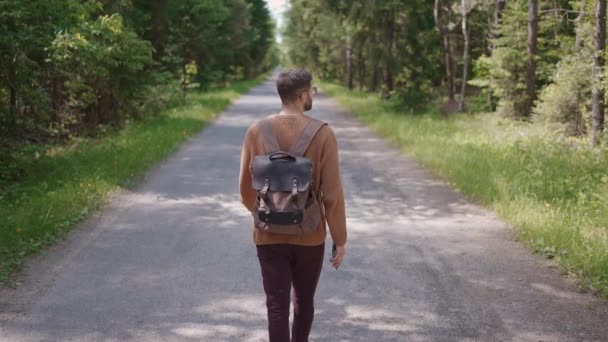 Slow motion: Young Man Hiking in Forest in Autumn. Активный здоровый белый мужчина с рюкзаком, берущим дрова. Мужской путешественник с прогулками вдоль леса вид сзади, досуг, био-туризм, Пешие прогулки - Кадры, видео