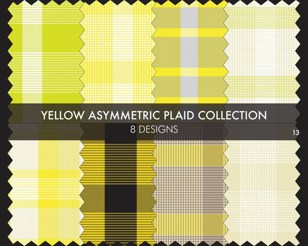 Sárga aszimmetrikus kockás zökkenőmentes mintagyűjtemény tartalmaz 8 minták divat textil és grafika - Vektor, kép