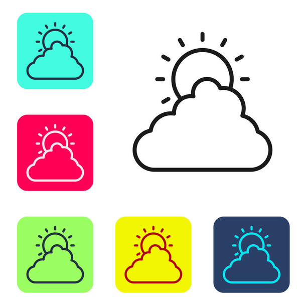 Schwarze Linie Sonne und Wolken Wettersymbol isoliert auf weißem Hintergrund. Setzen Sie Symbole in farbigen quadratischen Tasten. Vektor - Vektor, Bild