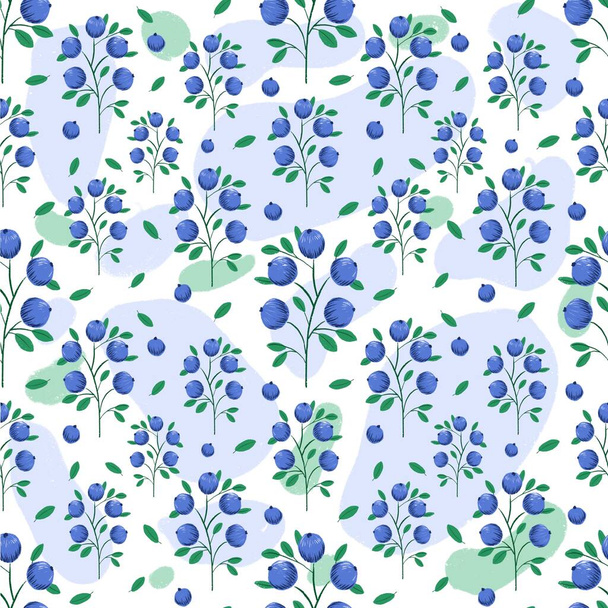 Niebieskie jagody z zielonymi liśćmi na białym tle. Płynny wzór, wzór do tkanin, papieru i innych przedmiotów. Ręcznie rysowana ilustracja z zakrzywionymi liniami, ilustracja cyfrowa. - Zdjęcie, obraz