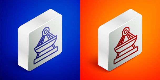 Isometric line Boat swing icon isolated on blue and orange background. Childrens entertainment playground. Attraction riding ship, swinging boat. Amusement park. Silver square button. Vector - Vector, Image