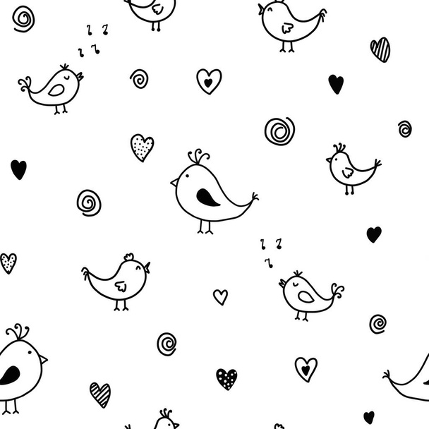 Schwarz-weißes lineares, nahtloses Muster mit einem Naturthema. Niedliche Vögel und Herzen handgezeichnet im Doodle-Stil. Ready Design für Stoffpapier, Kleidung und andere Artikel. - Foto, Bild