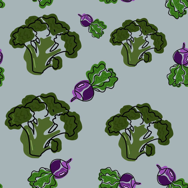 Broccoli cabbage and beets .Seamless food-themed pattern. Hand-drawn illustration in trendy, curved lines. Digital Illustration. Ready design for clothing, fabric and other items. - Photo, Image