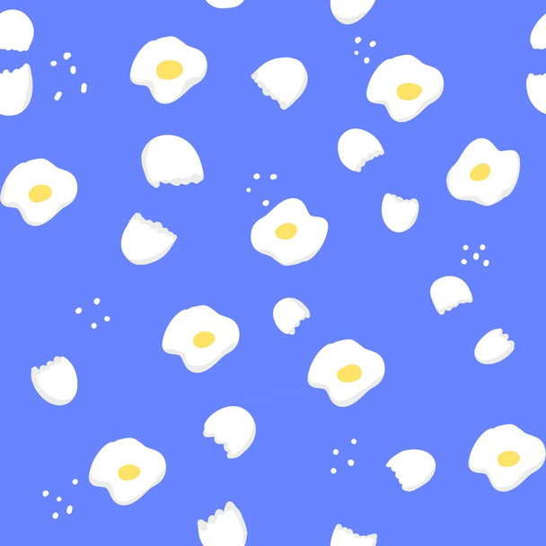 Eggs and eggshells on a colored background. Seamless food-themed pattern. Simple hand-drawn illustration with curved lines, digital illustration. - Photo, Image