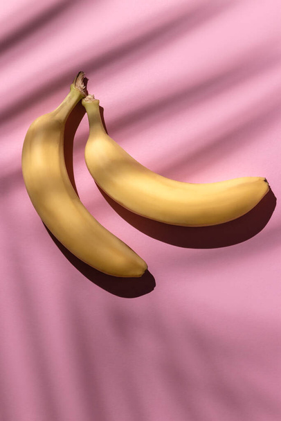 ripe yellow bananas isolated on a pink background under a palm tree leaves. hard shadows from the sun at noon. travel and entertainment concept with copy space - Foto, imagen
