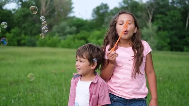 Bruder und schwester spielen zusammen schlag bubbles draußen - Filmmaterial, Video