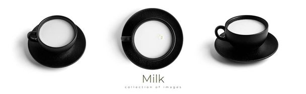 Чашки с молочным напитком на тарелке на белом фоне. - Фото, изображение