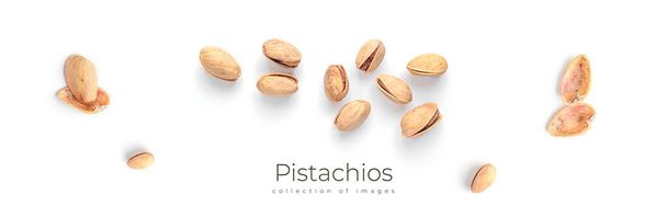 Pistachios on white background. Nuts collection isolated. - Photo, Image