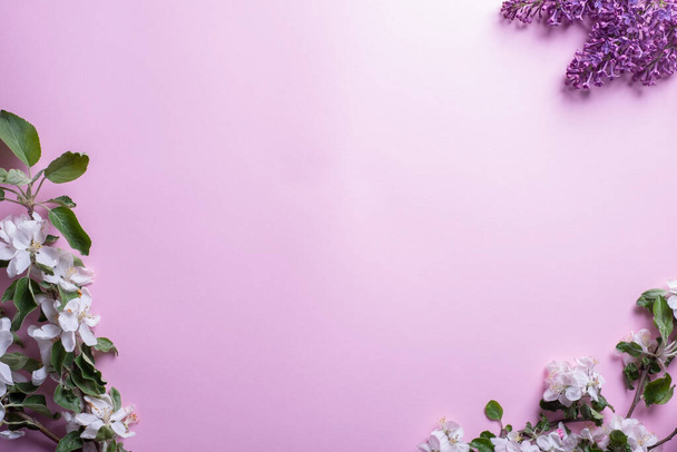 раскладка ветвей белых соцветий вишни и сирени на розовом фоне. - Фото, изображение