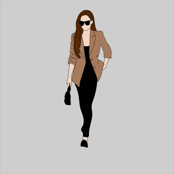 Vector illustration of Kpop street fashion. Street idols of Koreans. Kpop men's fashion idol. A girl in a black dress and a brown jacket. - Vector, imagen