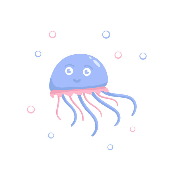 funny blue jellyfish character. fairy fun marine life. smile emotion and wild marine animals in ocean. underwater coral reef dwellers, undersea fauna. flat cartoon on white background - Vector, Imagen