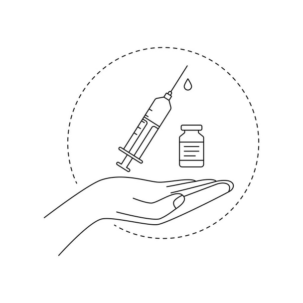 hand, syringe and vaccine. concept of medical care, need for cosmetic injections, vaccination, treatment, cosmetology, botox. black simple sketch linear design template on white background for web adv - Vector, Image