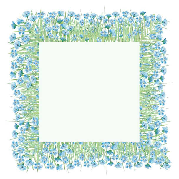 Watercolor hand painted nature floral squared border frame with blue linen flax flower and green branches bouquet on the white background for invite and greeting card with space for text - Fotó, kép