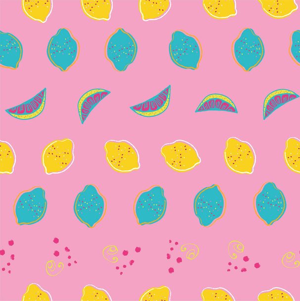 Tropikal ve tekrarlanmayan vektör desenli renkli soyut limonlar. Güçlü tasarım için pembe arka planda komik meyveler. - Vektör, Görsel