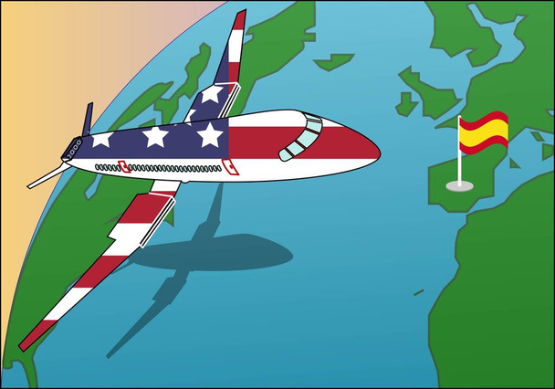 USA létají do Španělska. Severoameričané cestují na dovolenou do Španělska. Cestování z USA do Španělska je povoleno v době úmluvy-19. Letadlo s vlajkou USA vlaje nad planetou směrem ke Španělsku - Vektor, obrázek
