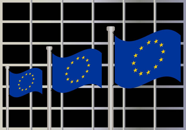Az Európai Parlament előtt lobognak az uniós zászlók. Európai politika - Vektor, kép