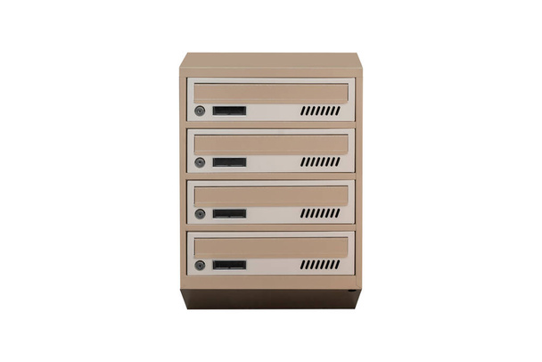 Beige ecru khaki color mailboxes on white background isolated. Mail box for entrance of apartment house. Metal mailbox - Φωτογραφία, εικόνα
