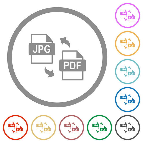 JPG PDF-bestand conversie platte kleur pictogrammen in ronde contouren op witte achtergrond - Vector, afbeelding