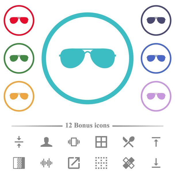 Fliegerbrille mit flachen Farbsymbolen in kreisförmigen Umrissen. 12 Bonussymbole enthalten. - Vektor, Bild