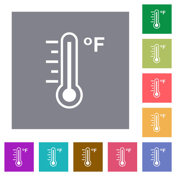 Fahrenheit thermometer warm temperature flat icons on simple color square backgrounds - Vector, Image