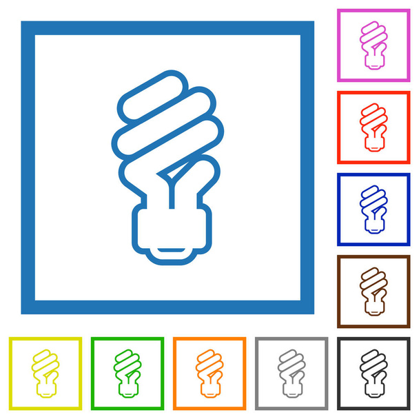 Энергосберегающие флуоресцентные лампочки контур плоские иконки цвета в квадратных кадрах на белом фоне - Вектор,изображение