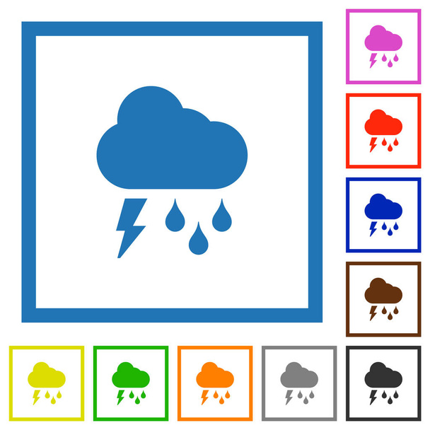 Stürmisches Wetter flache Farbsymbole in quadratischen Rahmen auf weißem Hintergrund - Vektor, Bild