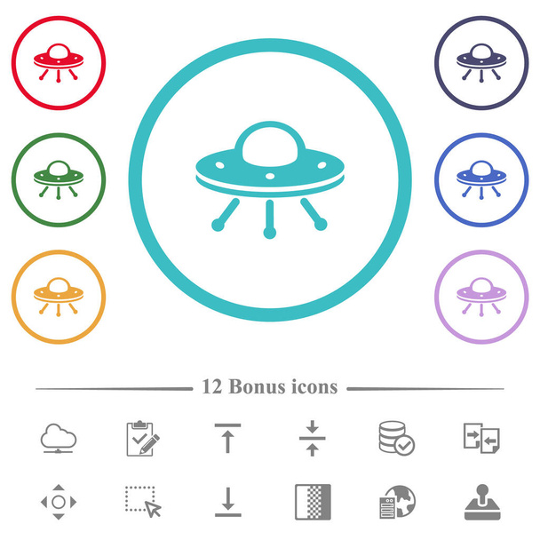 UFO flache Farbsymbole in Kreisform Umrisse. 12 Bonussymbole enthalten. - Vektor, Bild