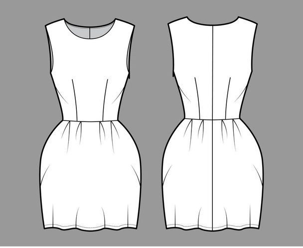 Платье колокольчик техническая мода иллюстрация с без рукавов, оснащенный корпус, мини длиной карандаш юбка. Плоская одежда спереди - Вектор,изображение