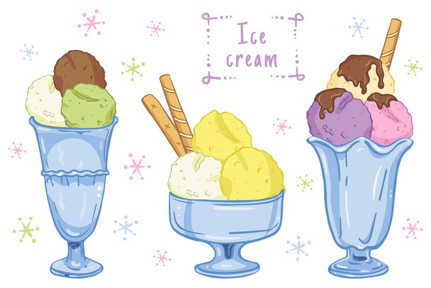 Illustration set hand drawing Ice cream in glass vases. - Vektör, Görsel