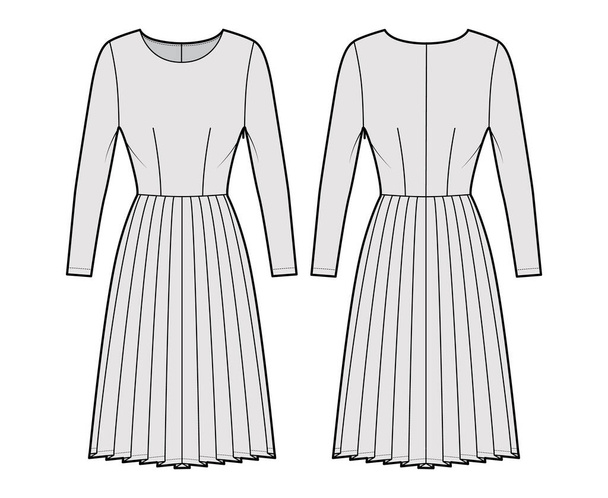 Kleid plissiert technische Mode Illustration mit langen Ärmeln, taillierten Körper, knielangen Rock. Flache Bekleidung vorne - Vektor, Bild