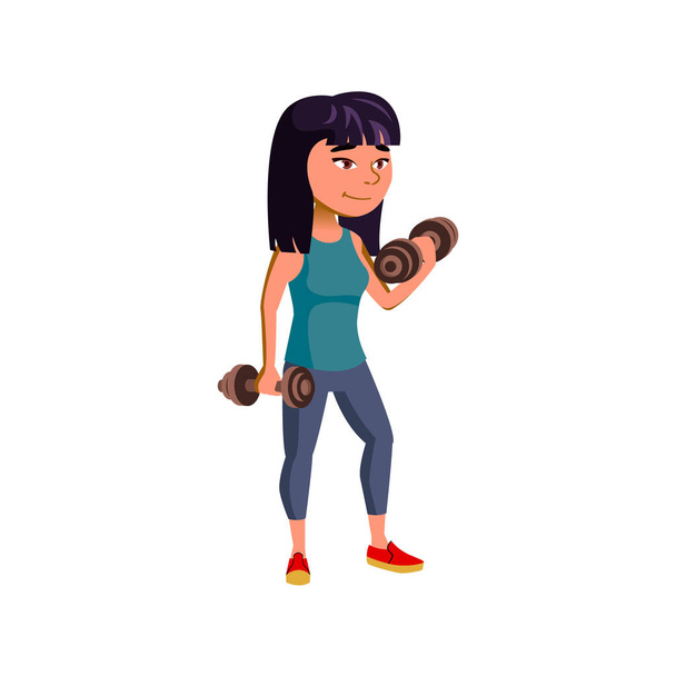 japanese girl training with dumbbells in gym cartoon vector - Vector, Image