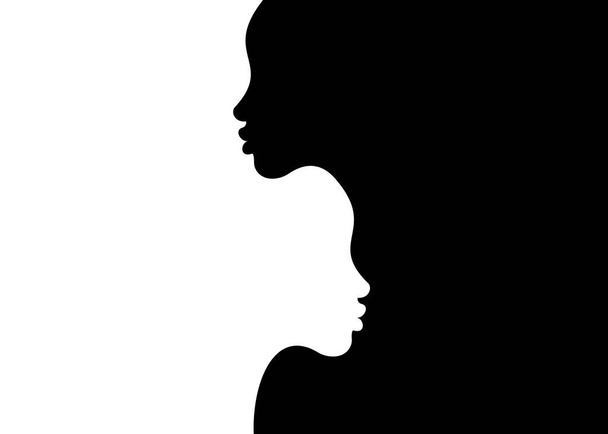 Dos siluetas de una cabeza de mujer se alejan una de la otra sobre un fondo blanco y negro. Dos mujeres caras retrato Vector plantilla - Vector, Imagen