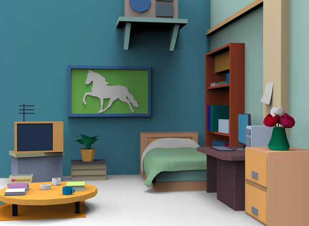 alacsony poly rajzfilm gyermek szoba 3d-illusztráció 3d-renderelés - Fotó, kép