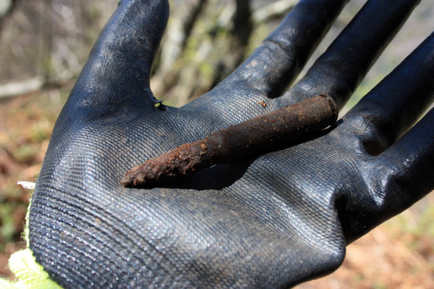 Granate einer alten Militärkugel aus dem Zweiten Weltkrieg unter der Erde gefunden und in gotischer Linie ausgegraben - Foto, Bild