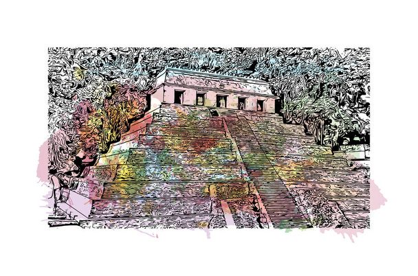 Прінт-білдінг з орієнтиром Кампече - місто в Мексиці. Сплеск водяного кольору з накресленим малюнком у векторі. - Вектор, зображення