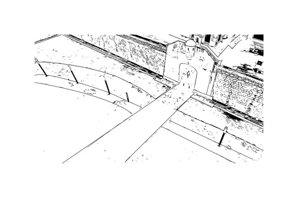 Imprimir Vista de edifício com marco de Campeche é a cidade no México. Desenho desenhado à mão ilustração em vetor. - Vetor, Imagem