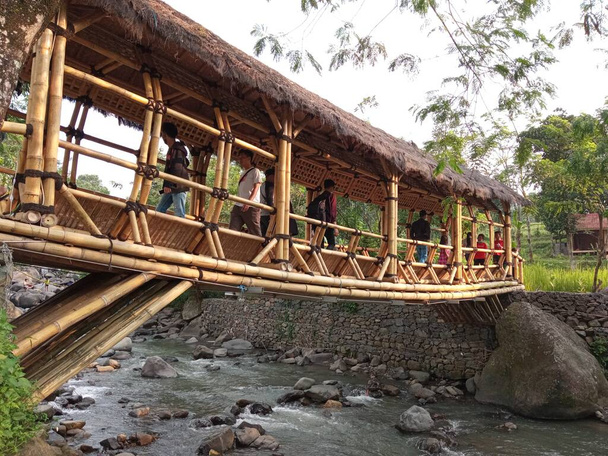 Бамбуковый мост для туристов в Curug Leuwi Pangaduan, Богор, Индонезия - Фото, изображение