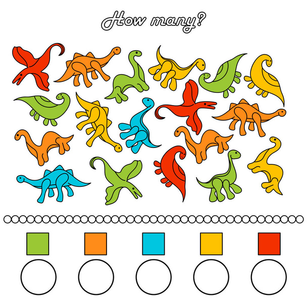 Ένα παιχνίδι για παιδιά προσχολικής ηλικίας. Μετρήστε όσο το δυνατόν περισσότερους δεινόσαυρους του ίδιου χρώματος στην εικόνα. Γράψτε το αποτέλεσμα. - Διάνυσμα, εικόνα
