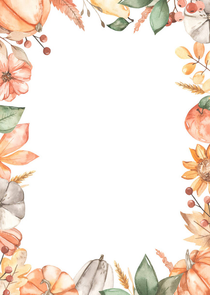 Тыквы, осенние цветы, листья, ягоды, ветви, яблоки, груши. Прямоугольная рамка акварели - Фото, изображение