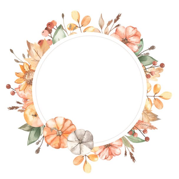 Pumpkins orange and white, autumn leaves, berries, branches, flowers. Watercolor round frame - Foto, Imagen
